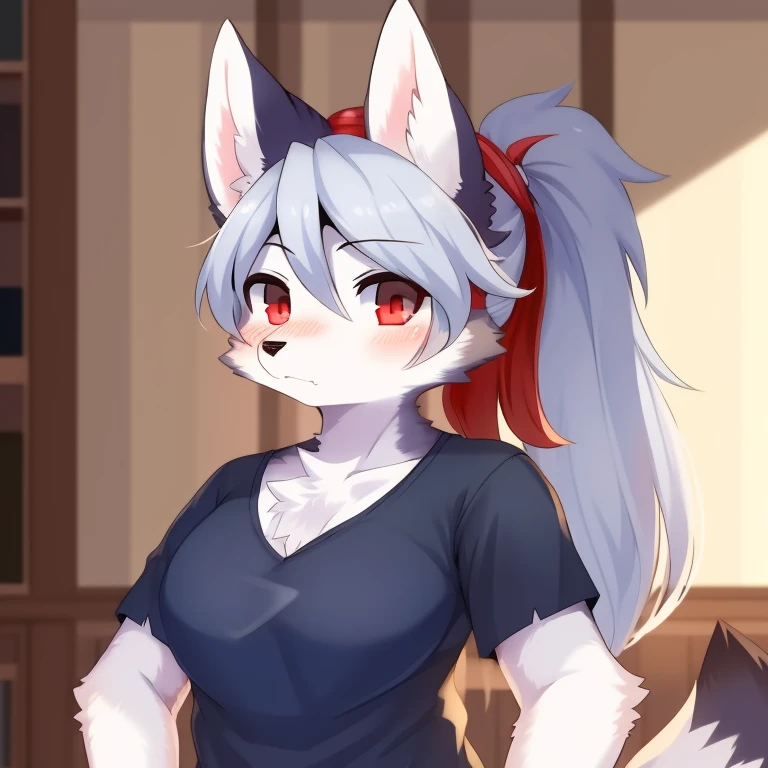 furry wolf red eyes,set, big , masterpiece, best quality, (Kemono artstyle), (perfect anatomy), ponytail, black shirt, bottomless