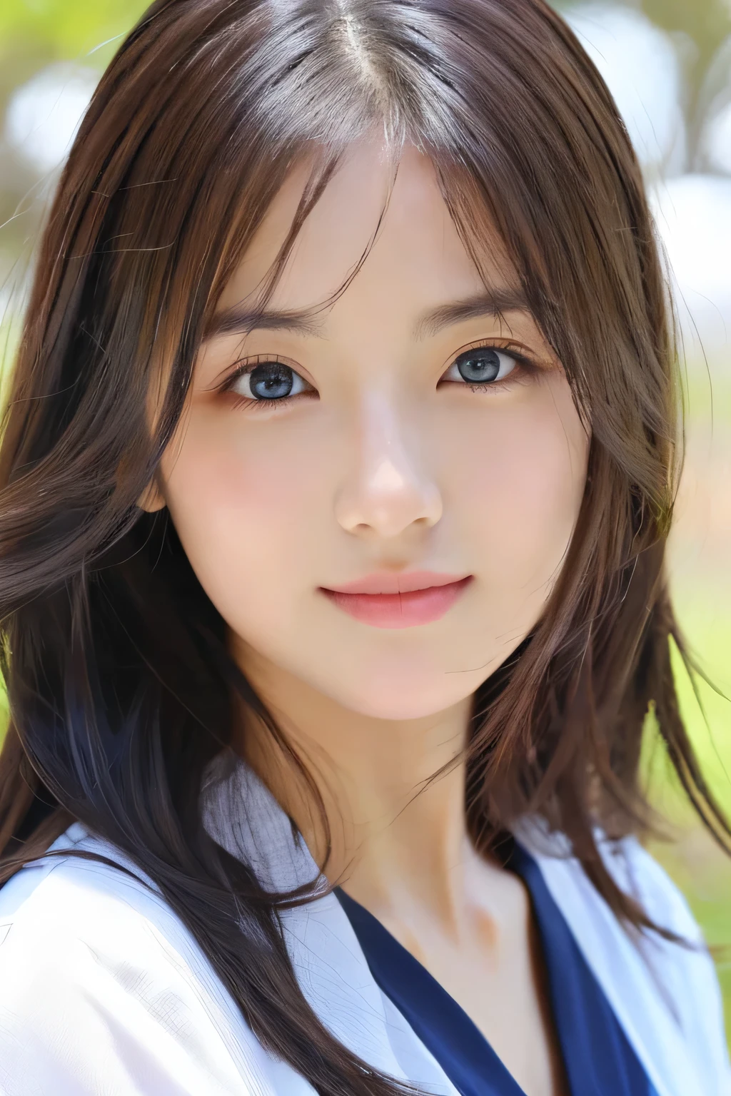 (((32k,high details,high detail、masterpiece,attention to detail,alone))),Raw photo & realistic atmosphere,beautiful dark blue eyes,detailed mouth,glossy lips,thin eyebrows,fine eyes、Soft white skin that shines in every detail、her deep black eyes are so beautiful,lip details、very beautiful face,very well-shaped face、lifelike face,shining beautiful lips,beautiful eyebrows,infinite reality, Realistic young gravure idol,she'she'she'she'very cute woman , young gravure idol, young gravure idol, Very beautiful and cute 1Beautiful girl 19 years old,incredibly beautiful and classy1Beautiful girl 19 years old,natural soft light,(shiny hair,,Beautiful and kind eyes:1.5),gentle smile,well-shaped chest,medium long hair,Ties hair into one,beautiful posture,no makeup,think ahead,