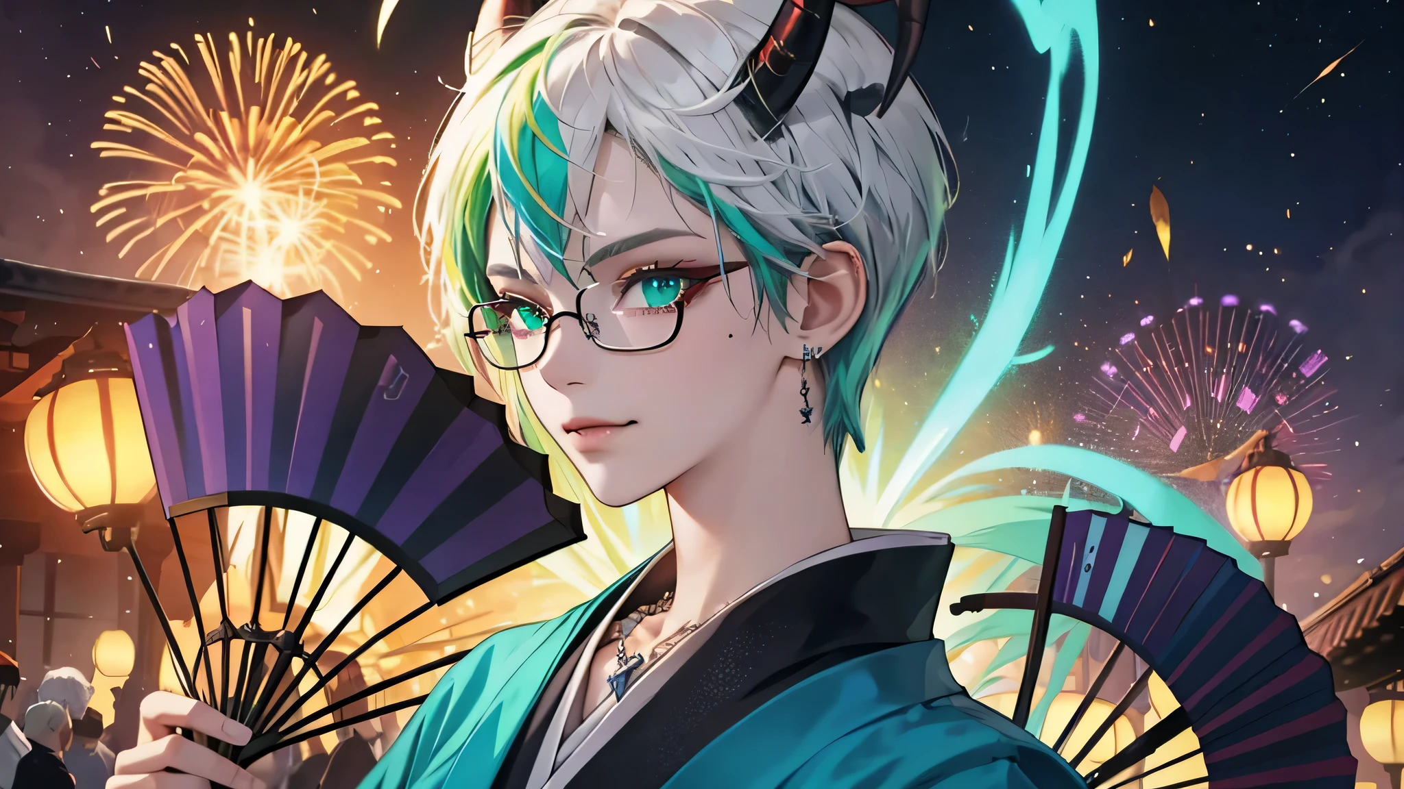 8k, masterpiece, best quality, highly detailed, 1girl, tiefling, multicolored hair, very short straight hair green highlight hair on white hair, strippled hair, wearing glasses, earrings, necklace, mole, glowing green eyes, glamorous, holding fan, fireflies, purple and teal, japanese, villainy, smirk, majestic pose, close ups view, rings, looking at viewer, demon horns, standing, kimono, festival, fireworks.