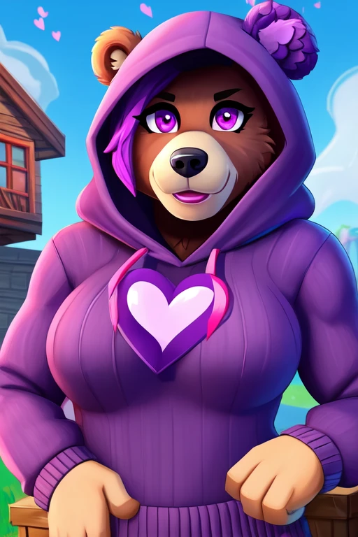 Best quality. A Block. bear that wears a sweater while wearing a hood with purple eyes, a purple mouth. With a purple broken heart at the fronthat's a girl Naked. from Fortnite.