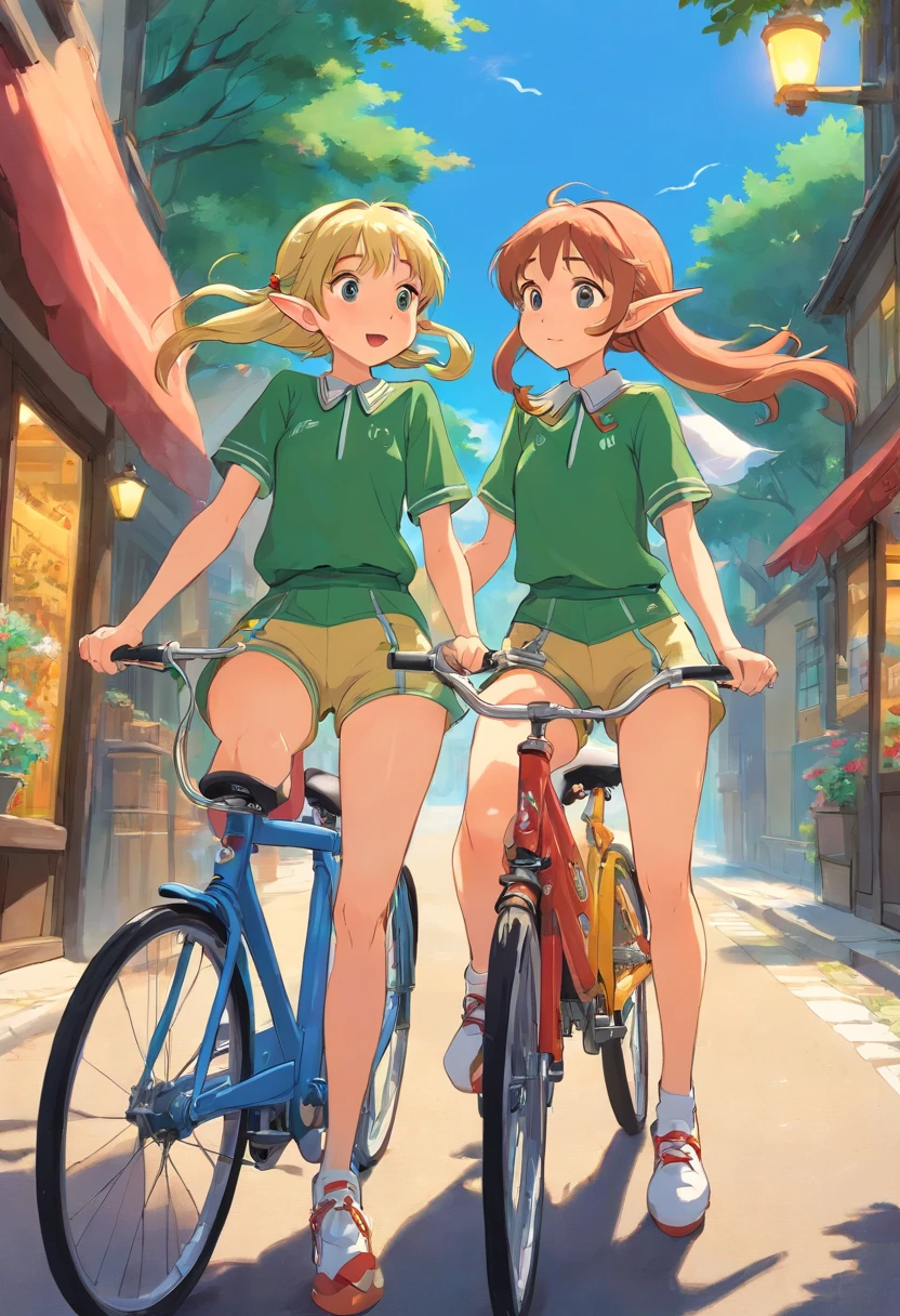 Two elf girls kiss while riding bicycles, in running shorts, short shorts,