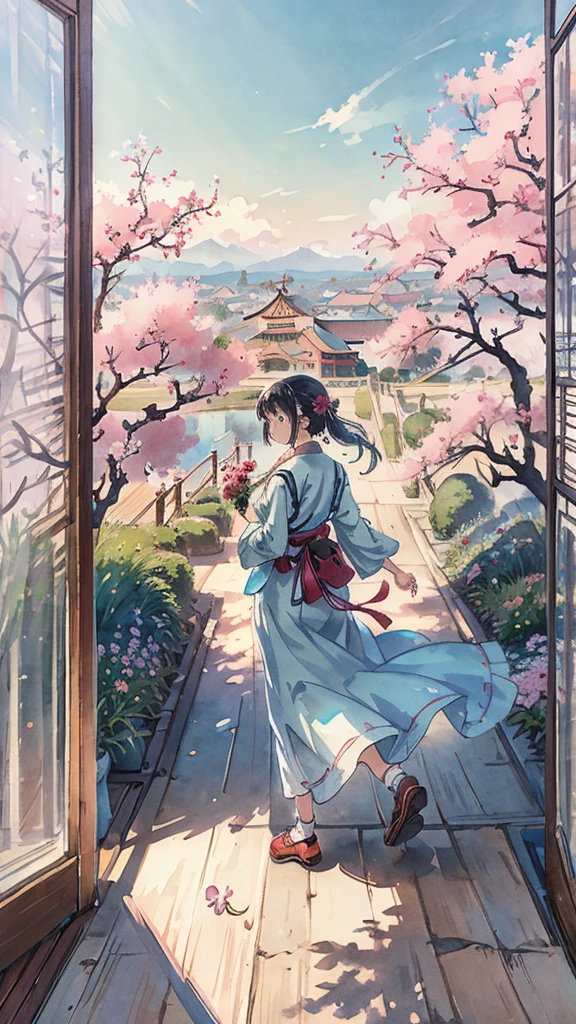 highest quality, masterpiece, very detailed, detailed background, anime, girl1名, 若いgirl, girl, SF, cherry blossoms, outdoor, morning, greenhouse, giant structure, Wind景, scenery, horizon, Walking down the street, Wind, avert your eyes, atmosphere lighting, focus only, close, From the side, written boundary depth,