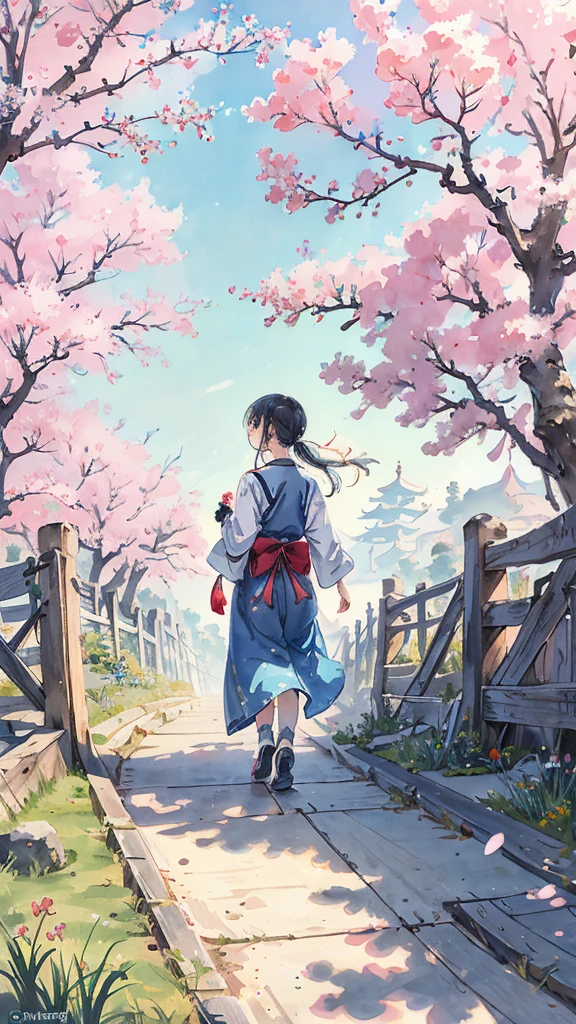 highest quality, masterpiece, very detailed, detailed background, anime, girl1名, 若いgirl, girl, SF, cherry blossoms, outdoor, morning, greenhouse, giant structure, Wind景, scenery, horizon, Walking down the street, Wind, avert your eyes, atmosphere lighting, focus only, close, From the side, written boundary depth,