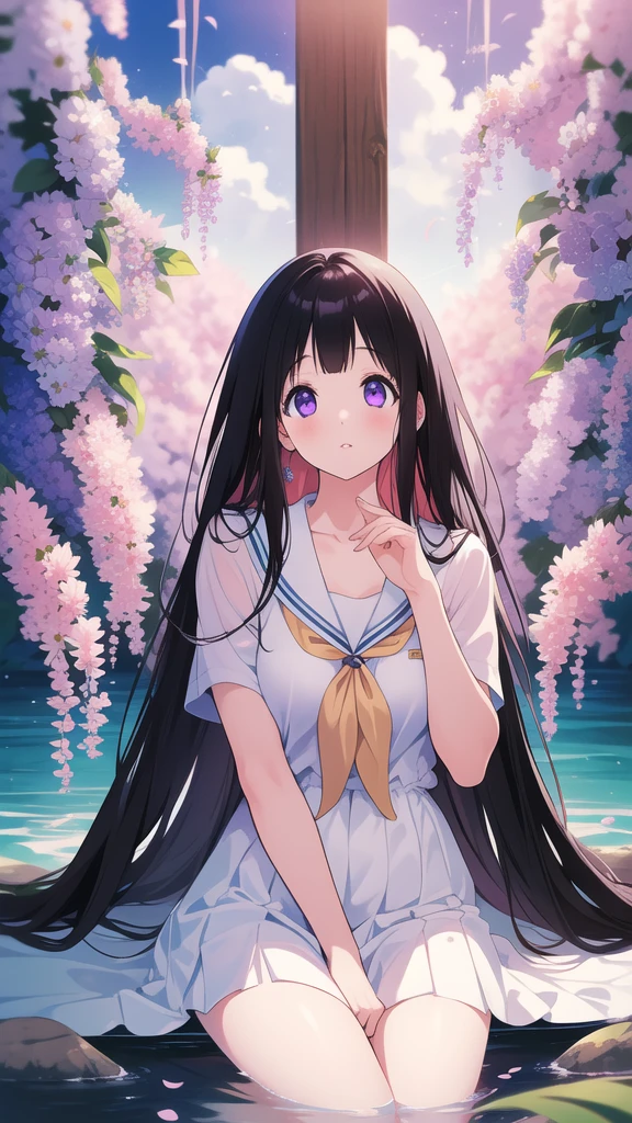 Stunning Chitanda, There is only one beautiful girl，purple eyes, black hair, Naturally straight hair, straight bangs，extremely refined，lips open，flowing long hair，Peerless beautiful girl, dreamlike，Slim，soft, (Sensual), (kawaii), Dream quality，Uniforms，In a sea of flowers，Showing thighs，Show collarbone，Show your neck，extremely shy，ultra high resolution, (masterpiece:1.2, best quality), (Exquisite and beautiful eyes: 1.2), (Beautiful and delicate face)