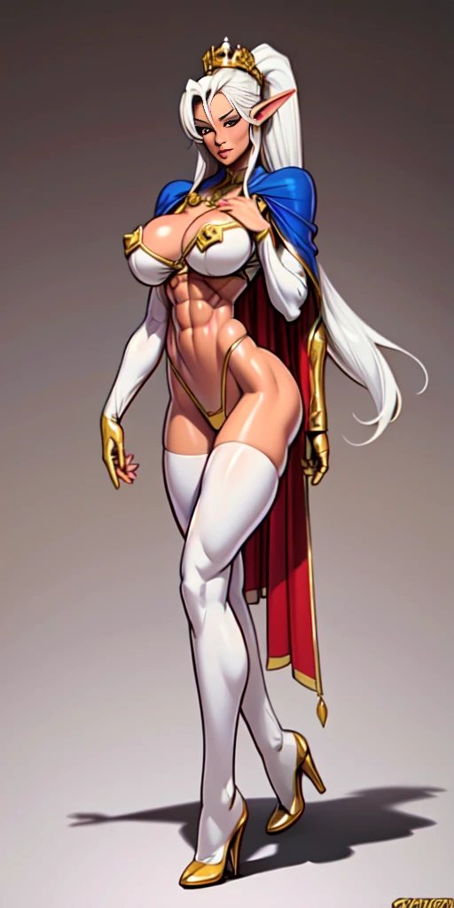 extremely long hair , ponytail, perfect anatomy 1 girl tall solo, slim thick, ((muscular)) high elf toned body, silver breast plate, blue cape, slendered abs, hourglass waist, detailed face, defined cheekbones, puffy lips, gauntlets, gold crown, shadow over eyes, looking at viewer, masterpiece, white thigh highs lingerie, high heels
