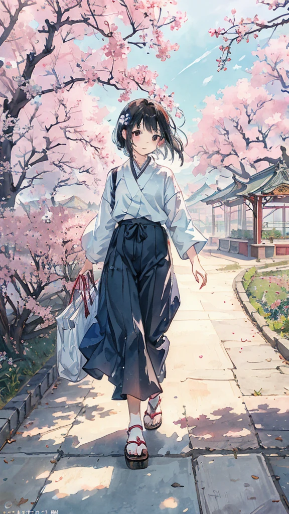 highest quality, masterpiece, very detailed, detailed background, anime, girl1名, 若いgirl, girl, SF, cherry blossoms, outdoor, morning, greenhouse, giant structure, Wind景, scenery, horizon, Walking down the street, Wind, avert your eyes, atmosphere lighting, focus only, close, From the side, written boundary depth,black hair,detailed face