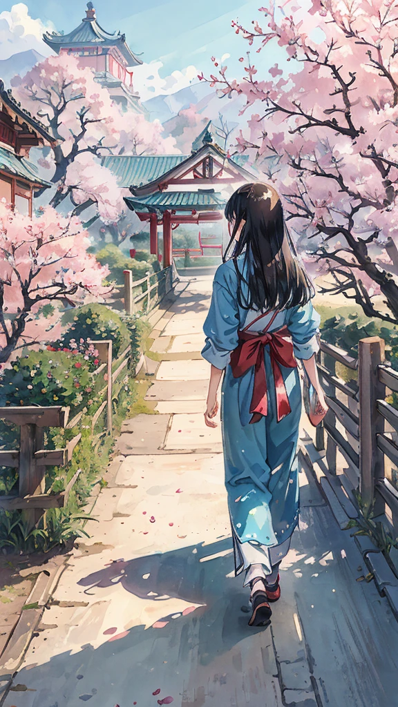 highest quality, masterpiece, very detailed, detailed background, anime, girl1名, 若いgirl, girl, SF, cherry blossoms, outdoor, morning, greenhouse, giant structure, Wind景, scenery, horizon, Walking down the street, Wind, avert your eyes, atmosphere lighting, focus only, close, From the side, written boundary depth,black hair,detailed face