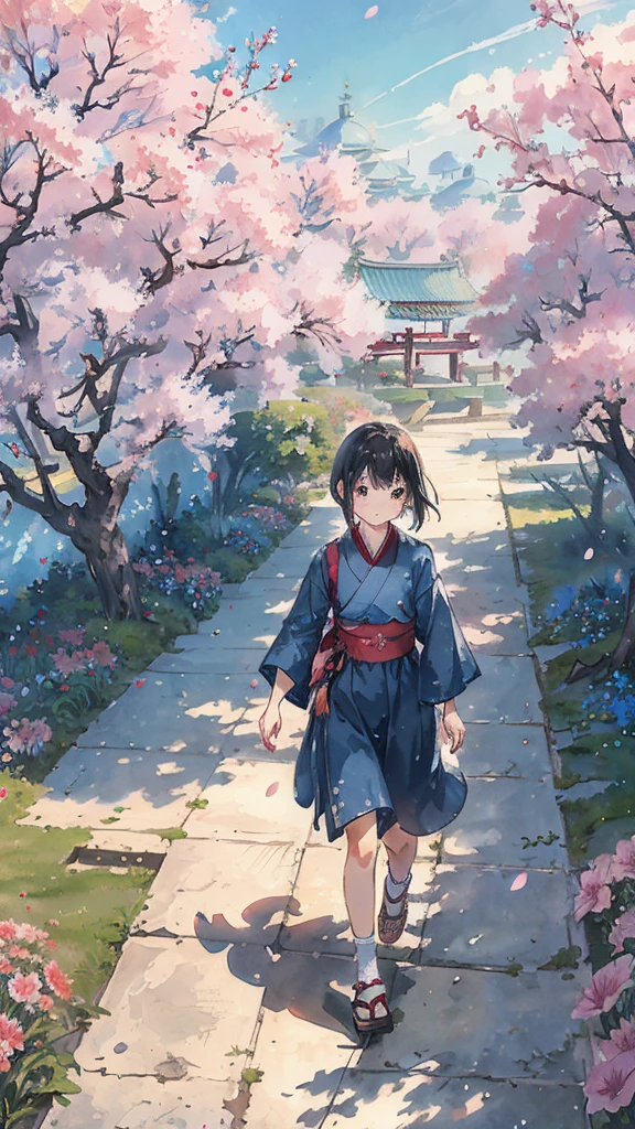 highest quality, masterpiece, very detailed, detailed background, anime, girl1名, 若いgirl, girl, SF, cherry blossoms, outdoor, morning, greenhouse, giant structure, Wind景, scenery, horizon, Walking down the street, Wind, avert your eyes, atmosphere lighting, focus only, close, From the side, written boundary depth,black hair,detailed face