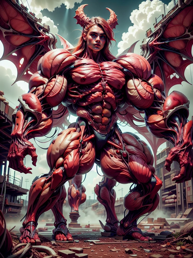 Character description: (1 girl), (cara delevingne:1.25), (beautiful girl face:1.25), (muscular succubus demoness), (carnage skinless physique:1.25), (huge gigantic wings & horns:1.25), (undead skinless succubus:1.25), (covered in red necrotic rotting skinless muscle:1.2posed muscular :1.25), (large demonic claws:1.25). Character pose: Standing with legs closed, Arms spread apart, Wings spread out, (Whole body pose), Front View. Character expression: psychotic laughter, sharp teeth, beautiful cute girl face, red eyes, scary and horrific. Scene description: anatomic tech world morph, hellish landscape, Hellraiser like atmosphere. Scene Quality: (8k, RAW photo, photorealistic:1.25).