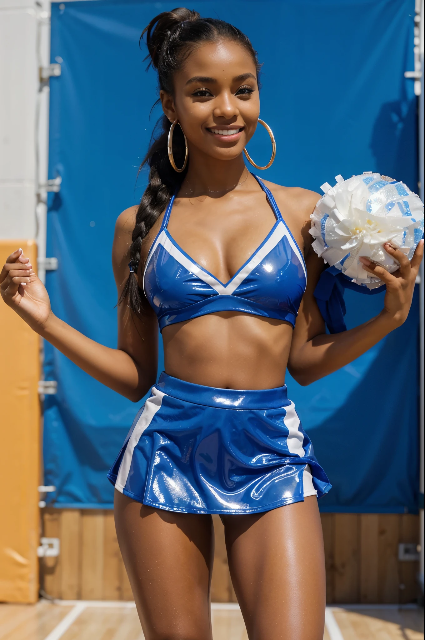 beautiful black woman, brown caramel skin, 18 years old, sexually attractive seductive, leggy, sexy body, dancer, hair in bun and bangs ,cheerleader, wearing glossy shiny plastic lite blue bikini, cheerleading uniform mini skirt, basketball court in the background, holding a pom-pom in sexy pose, back turned, standing with hands at side ,8K , high quality, high detailed, detailed face, beauty eyes, nice smile, hoop earrings cute face, hyper Realistic super sexy cute face
