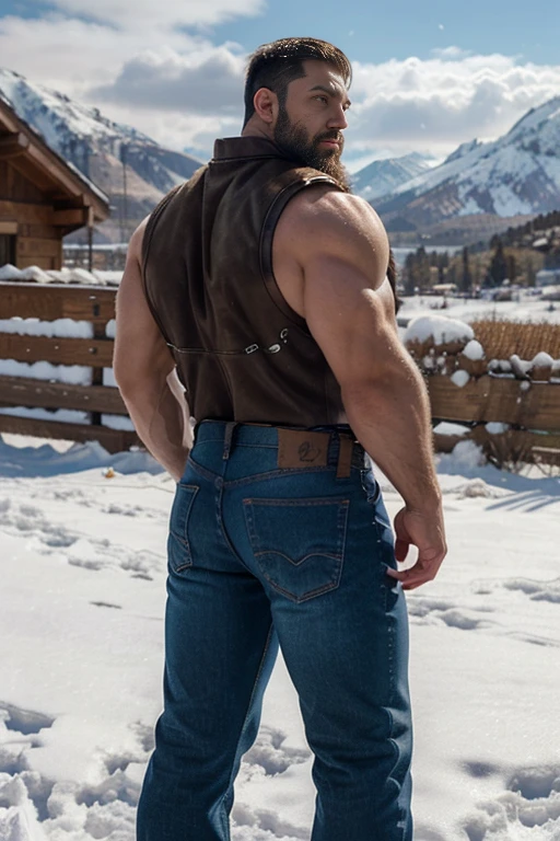 An illustration of Captain America, a Greek god with a muscular build and a thick beard............., designed in modern western attire............. The setting is a snowy mountain............, evoking a classic cold atmosphere, sin dejar de mantener el aura poderosa y regia del dios. backside jeans