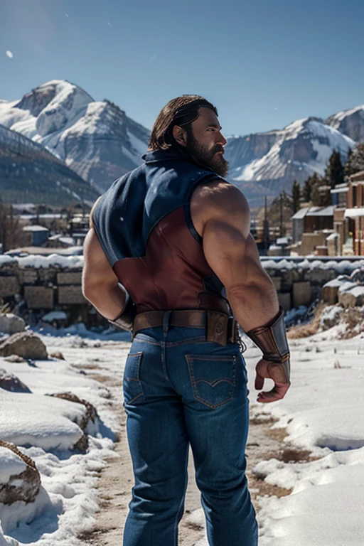 An illustration of Captain America, a Greek god with a muscular build and a thick beard............., designed in modern western attire............. The setting is a snowy mountain............, evoking a classic cold atmosphere, sin dejar de mantener el aura poderosa y regia del dios. backside jeans