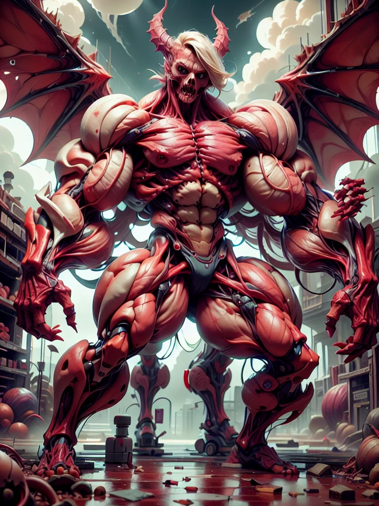 Character description: (1 girl), (cara delevingne:1.25), (beautiful girl face:1.25), (muscular succubus demoness), (carnage skinless physique:1.25), (huge gigantic wings & horns:1.25), (undead skinless succubus:1.25), (covered in red necrotic rotting skinless muscle:1.25), (exposed muscular anatomy:1.25), (large demonic claws:1.25). Character pose: Standing with legs closed, Arms spread apart, Wings spread out, (Whole body pose), Front View. Character expression: psychotic laughter, sharp teeth, beautiful cute girl face, red eyes, scary and horrific. Scene description: anatomic tech world morph, hellish landscape, Hellraiser like atmosphere. Scene Quality: (8k, RAW photo, photorealistic:1.25).