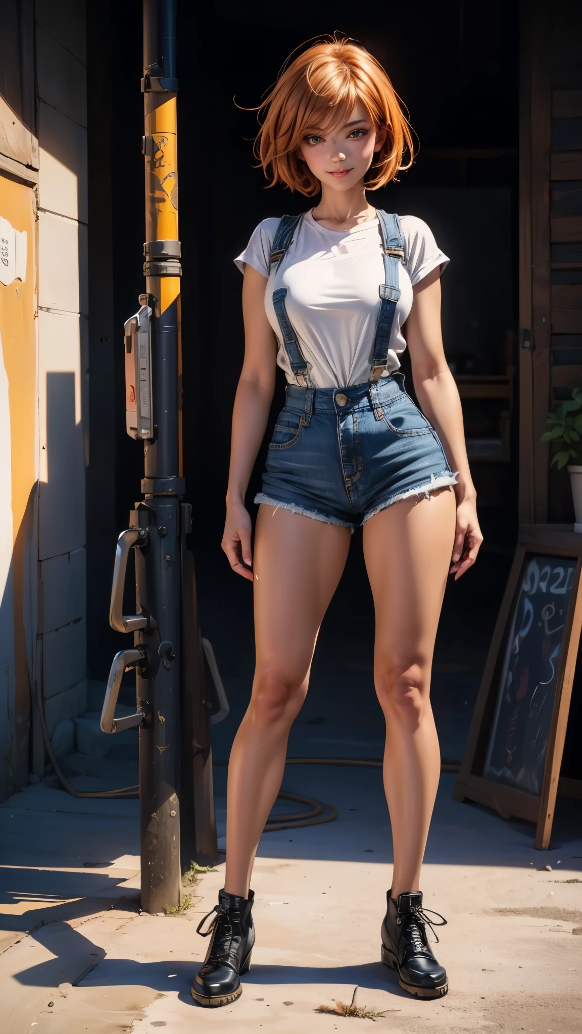 (3d anime woman with perfect anime eyes), (photo realistic:1.4), (Subsurface Scattering effect on skin:1.2), (bloom shader effect:1.2), (backlighted, full body shot: 1.5), (long stylized thick legs:1), (natural breasts:0.9), (gorgeous thick hips:1.1), (tanned skin:1.3), (26 years old woman construction worker, seductive smile), (orange straight short hair), ((wearing denim_overall)), (using tools), accurate, UHD, retina, masterpiece, anatomically correct, textured skin, ultra high detail, ultra high quality, award winning piece of art, ultra high resolution, better_hands, better_legs, perfect_hands, perfect_hands, better_eyes, beautiful_anime_eyes.