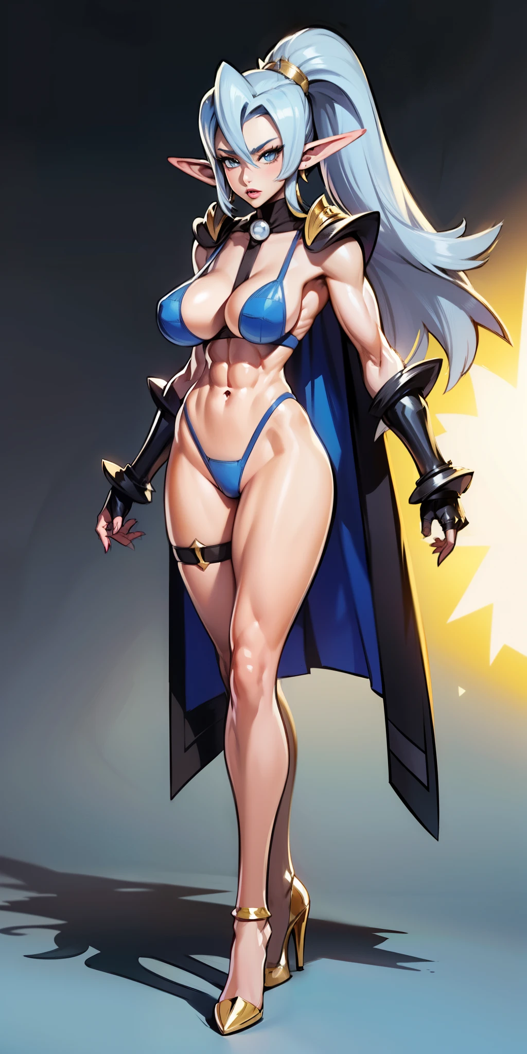 extremely long hair , ponytail, perfect anatomy 1 girl tall solo, slim thick, ((muscular)) high elf toned body, silver breast plate, blue cape, slendered abs, hourglass waist, detailed face, defined cheekbones, puffy lips, gauntlets, gold crown, shadow over eyes, looking at viewer, masterpiece, white thigh highs lingerie, high heels, clair pokemon