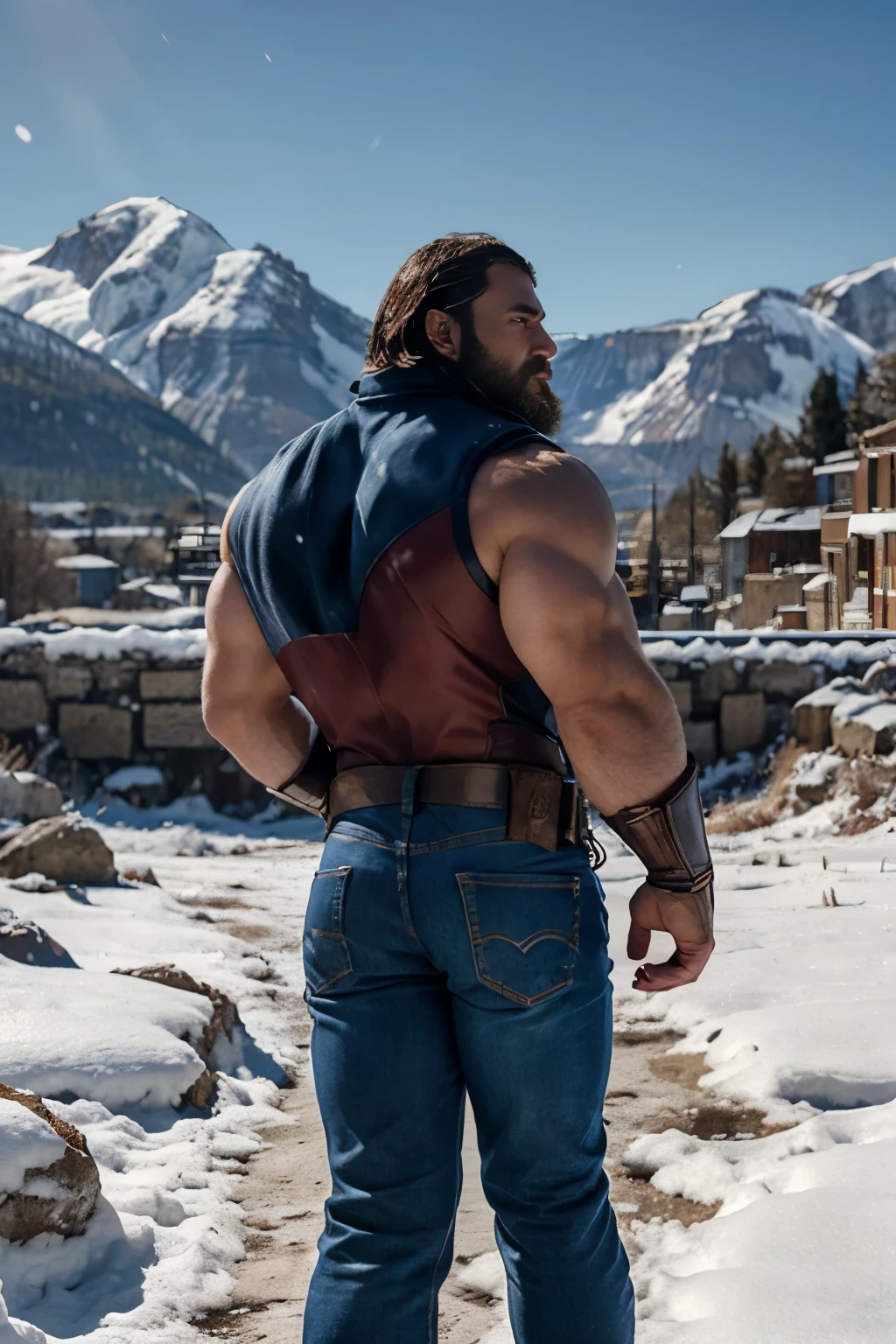 An illustration of Captain America, a Greek god with a muscular build and a thick beard............., designed in modern western attire............. The setting is a snowy mountain............, evoking a classic cold atmosphere, sin dejar de mantener el aura poderosa y regia del dios. backside jeans