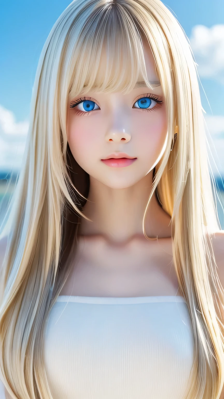 perfect beautiful face、20 year old beautiful cute girl、Sexy and very beautiful cute face、beautiful cute sexy sky blue eyes、very super long beautiful shiny silky straight pearl blonde hair、Super long beautiful bangs、white skin、Shiny skin、gross face、cheek gloss、hair above eyes、片hair above eyes、hair between eyes、