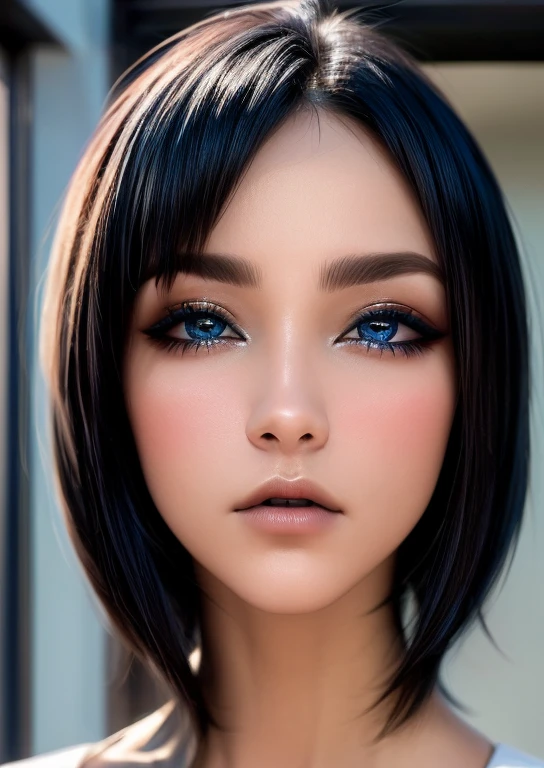 ((Mejor calidad)), ((obra maestra)), (detallado), cara perfecta,  ojos azules, cabello negro corto con flequillo estilo bob labios voluminosos nariz respingada belleza extraordinaria y muy detallado 