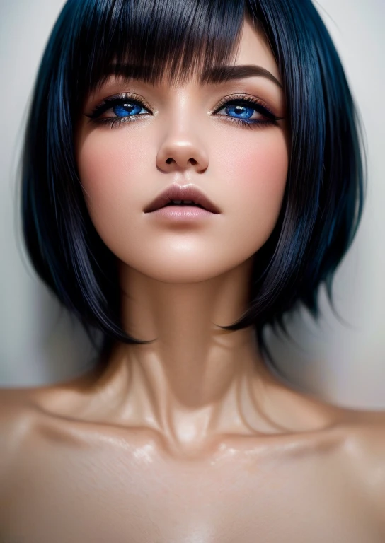 ((Mejor calidad)), ((obra maestra)), (detallado), cara perfecta,  ojos azules, cabello negro corto con flequillo estilo bob labios voluminosos nariz respingada belleza extraordinaria y muy detallado 