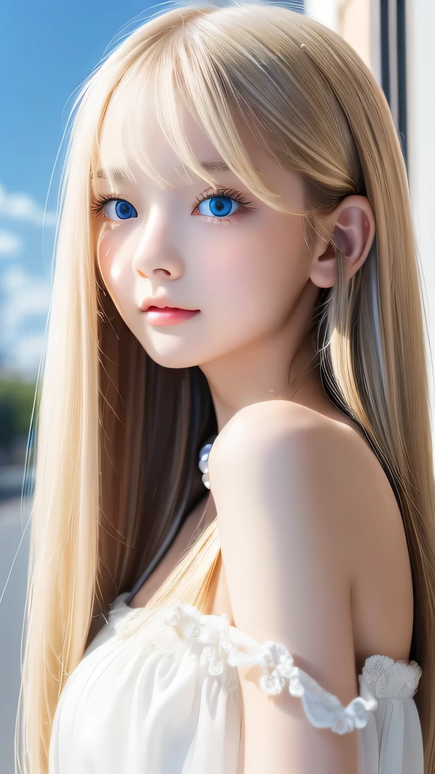 perfect beautiful face、20 year old beautiful cute girl、Sexy and very beautiful cute face、beautiful cute sexy sky blue eyes、very super long beautiful shiny silky straight pearl blonde hair、Super long beautiful bangs、white skin、Shiny skin、gross face、cheek gloss、hair above eyes、片hair above eyes、hair between eyes、