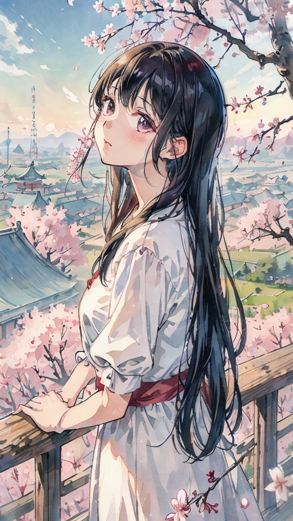 highest quality, masterpiece, very detailed, detailed background, anime, girl1名, 若いgirl, girl, SF, cherry blossoms, outdoor, morning, greenhouse, giant structure, Wind景, scenery, horizon, looking up at the sky, Wind, avert your eyes, atmosphere lighting, focus only, close, From the side, written boundary depth,black hair,detailed face