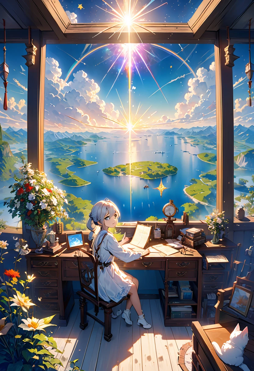 (8K、Raw photo、highest quality、look up:1.2、masterpiece:1.2、genuineistic、ultra high resolution、high contrast、photon mapping、genuine、Super detailed、official art, Raw photo、professional lighting、 light、Vivid atmosphere、twicelight) (1 girl),(One white kitten),The morning sun comes in、On an antique desk in the airship's VIP room、The world map is unfolded。Using a compass、Checking the direction to the destination、A girl and a white kitten、I feel hope, joy, and anxiety.。The outside world seen from the VIP room、Stars in the sky々And the Milky Way shines、The ancient city appears in the air like a heat haze.、On the ground、Surrounded by greenery、A medieval Roman city-state on the shores of a lake、Shining in the morning sun。An atmosphere that exudes the excitement of adventure。High Fantasy Worldview, Beautiful depiction of grand composition and proportions, Guardian nebula of rainbow light and silvery vapor, Corrosive Encirclement Ray Family Color, slimy air feeling,