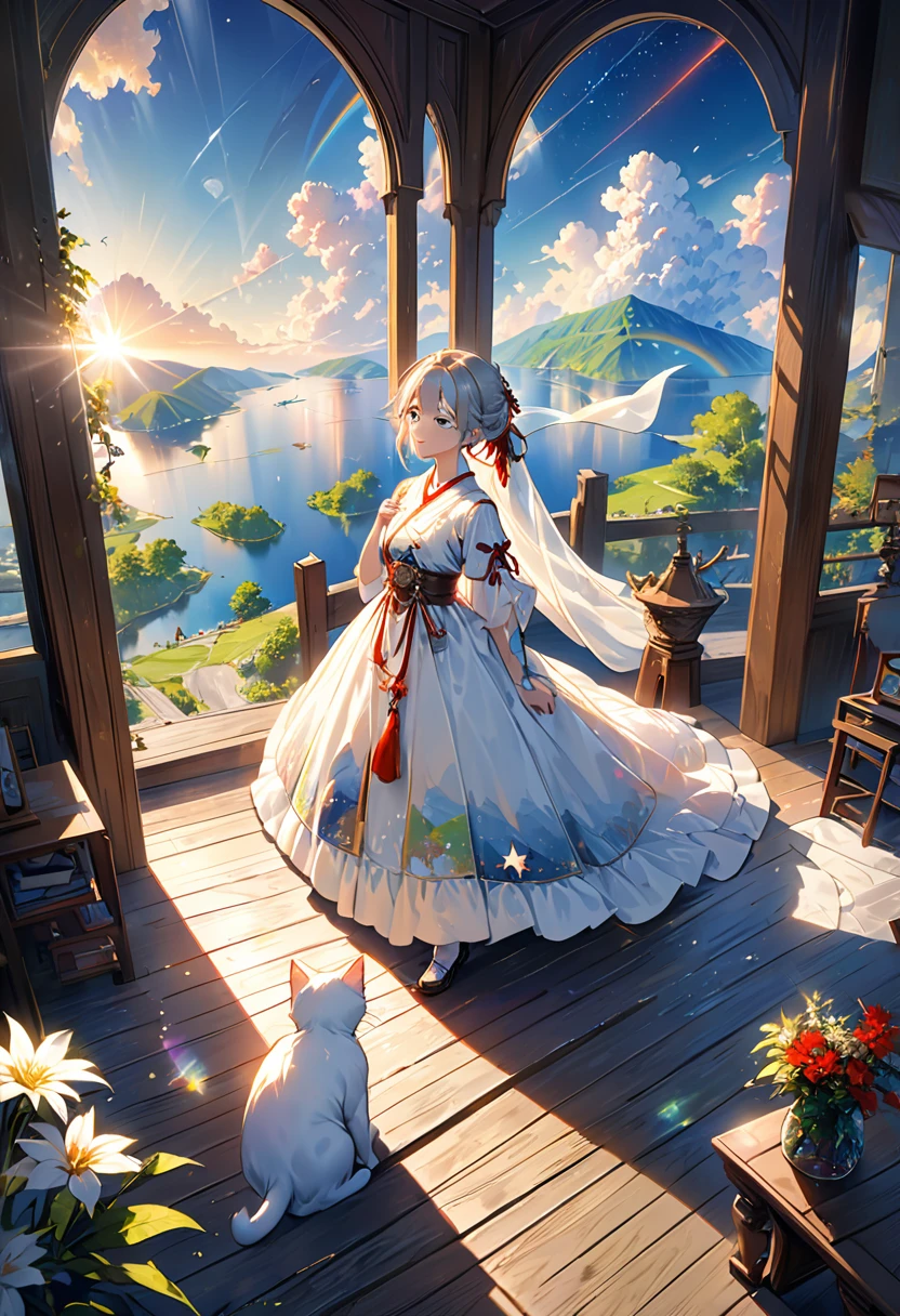 (8K、Raw photo、highest quality、look up:1.2、masterpiece:1.2、genuineistic、ultra high resolution、high contrast、photon mapping、genuine、Super detailed、official art, Raw photo、professional lighting、 light、Vivid atmosphere、twicelight) (1 girl),(One white kitten),The morning sun comes in、On an antique desk in the airship's VIP room、The world map is unfolded。Using a compass、Checking the direction to the destination、A girl and a white kitten、I feel hope, joy, and anxiety.。The outside world seen from the VIP room、Stars in the sky々And the Milky Way shines、The ancient city appears in the air like a heat haze.、On the ground、Surrounded by greenery、A medieval Roman city-state on the shores of a lake、Shining in the morning sun。An atmosphere that exudes the excitement of adventure。High Fantasy Worldview, Beautiful depiction of grand composition and proportions, Guardian nebula of rainbow light and silvery vapor, Corrosive Encirclement Ray Family Color, slimy air feeling,