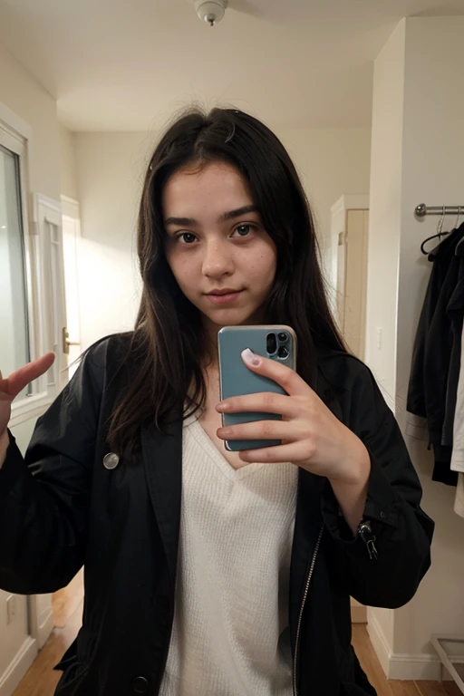 13 year old girl with straight black hair wearing a coat taking a selfie 
