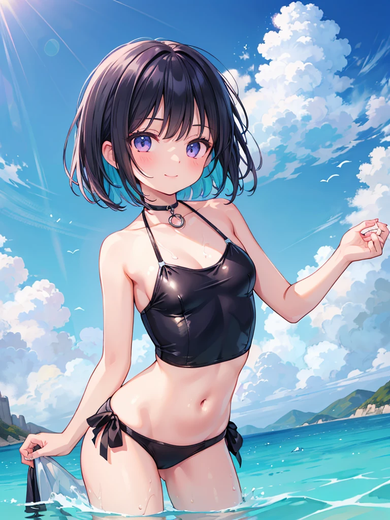 a girl standing in shallow ocean water under a clear blue sky. She has a sun-kissed complexion and a deep violet bob cut hair. She is wearing a two-piece swimsuit with a strap around the neck; the top is bandeau-style with a halter neck strap, featuring a aqua bule color with white polka dots. The top has a sweetheart neckline, accentuated with a small frilly detail along the edge, and it is underwired, providing structure. The matching bottoms have a similar frilly detail along the waistline. Her posture is relaxed yet playful as she gently touches her midriff with both hands, and she offers subtle smile, her head tilted slightly to the side, adding a sense of approachability to her demeanor, high contrast, clean lines, digital painting, vivid colors