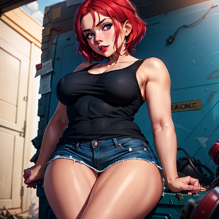 young woman, riley nixon haircut, shaved hair, red hair, very short hair, bald, blue tank t-shirt shirt, riley nixon haircut, lipstick, in junkyard, Looking at the viewer, 4k