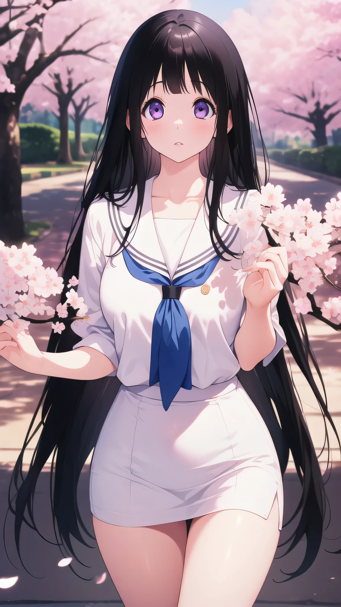 Stunning Chitanda, There is only one beautiful girl,purple eyes, black hair, Naturally straight hair, straight bangs,extremely refined,lips open,flowing long hair,Peerless beautiful girl, dreamlike,Slim,soft, (Sensual), (kawaii), Dream quality,Uniforms,under the cherry blossom tree,Showing thighs,Show collarbone,Show your neck,extremely shy,ultra high resolution, (masterpiece:1.2, best quality), (Exquisite and beautiful eyes: 1.2), (Beautiful and delicate face)