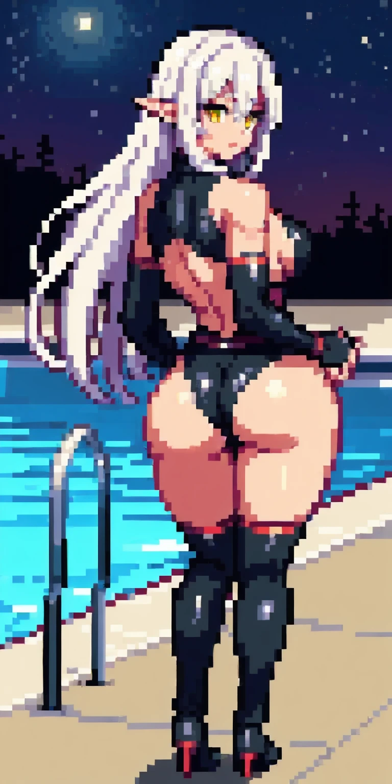 masterpiece, best quality, high quality, 1solo dark black SKIN elf, long hair, white hair, yellow eyes, full body, breastplate, looking at viewer, shiny, armor, thigh highs, high boots, shoulder armor, faulds, poleyn, gloves, gauntlets, (((1 girl))), medium to large breasts, a beautiful and cute lady, standing, (((in the pool at night))), (big muscular ass), {{{wearing armor }}} (thin waist), (incredibly beautiful full body photo, standing, (((bright eyes))), good anatomy, perfect hand muscular legs))), thin waist, muscular abdomen, wearing black high heel shoes, (((with her back to me showing her big shapely ass to me))), grabbing own ass