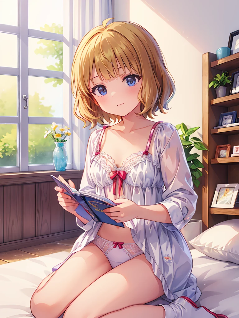 beautiful illustrations, highest quality, pretty girl, 1girl, Bedroom, pastel colour, (two-separated lingerie), wavy bob cut, floral ornament, cute lingerie, bright lighting