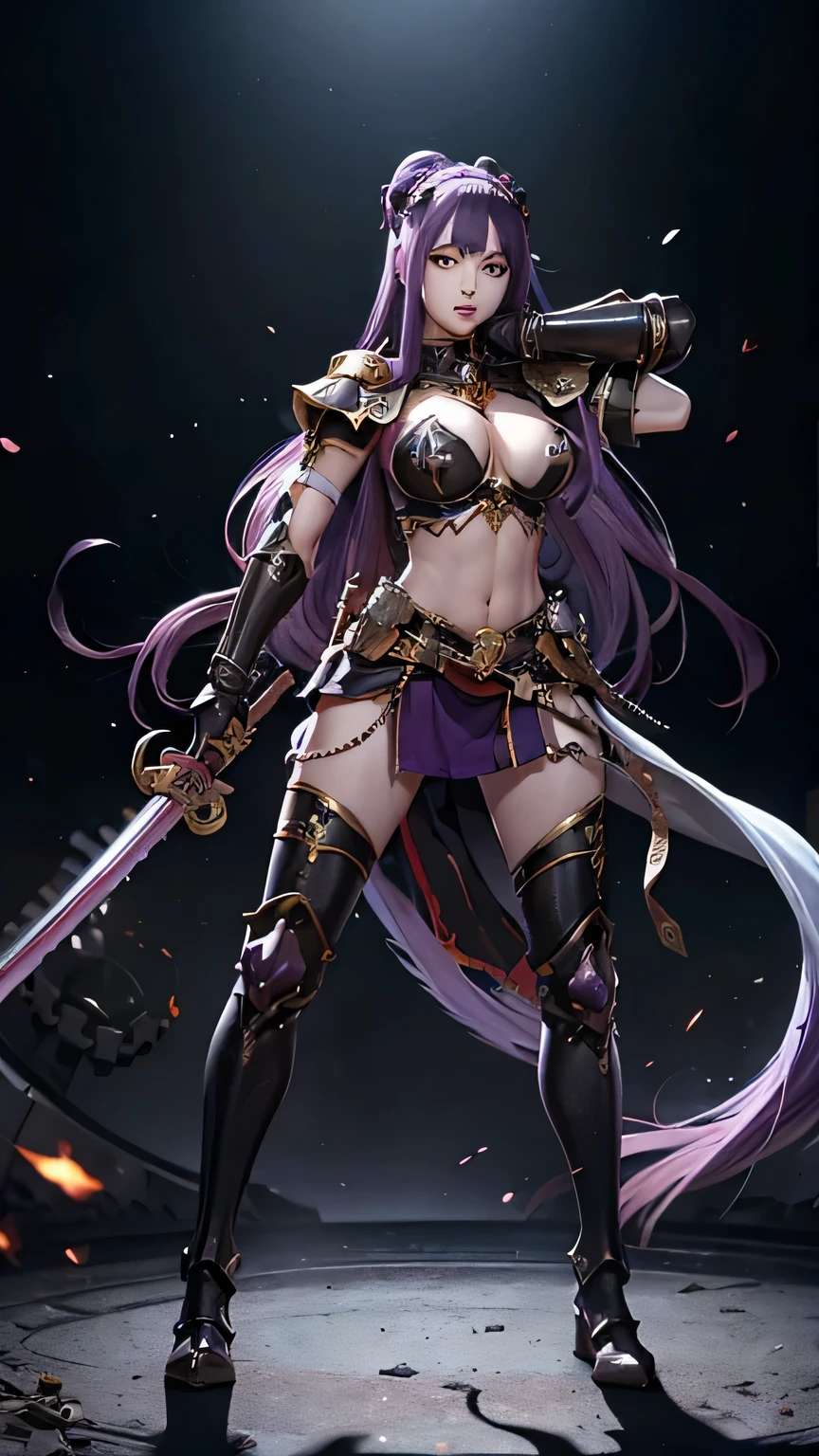 an anime girl is depicted with dual swords posed on a floor surrounded by skeletons, 1girl, weapon, sword, long hair, armor, purple hair, holding weapon, holding sword, holding, very long hair, armored boots, looking at viewer, navel, breasts, closed mouth