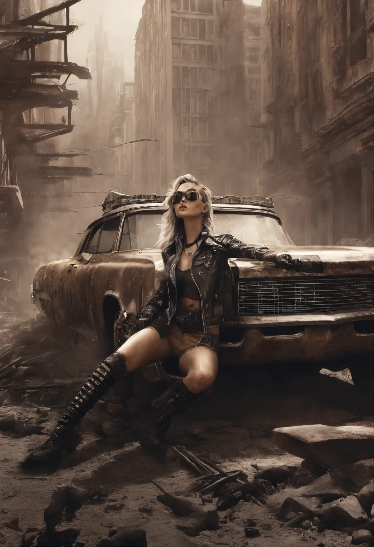 faithful image of an old rusty 1955 cadilac eldorado with spikes and spikes on the hood, military style with modifications, the car is racing on a street suspended over a destroyed white concrete overpass in the center of a post-apocalyptic city with many buildings around, carro steampunk, dramatic art, estilo de arte dieselpunk, apocalyptic road warrior vibe, a girl with sunglasses is inside the car, arte digital surreal, Mad Max inspirado, heavy metal artwork, simetria da face cromada, arte steampunk digital, It's not the Mad Max style, metal art, It's not Filip Hodas' art style, arte digital steampunk, dieselpunk, em um mundo hightech, foto na diagonal