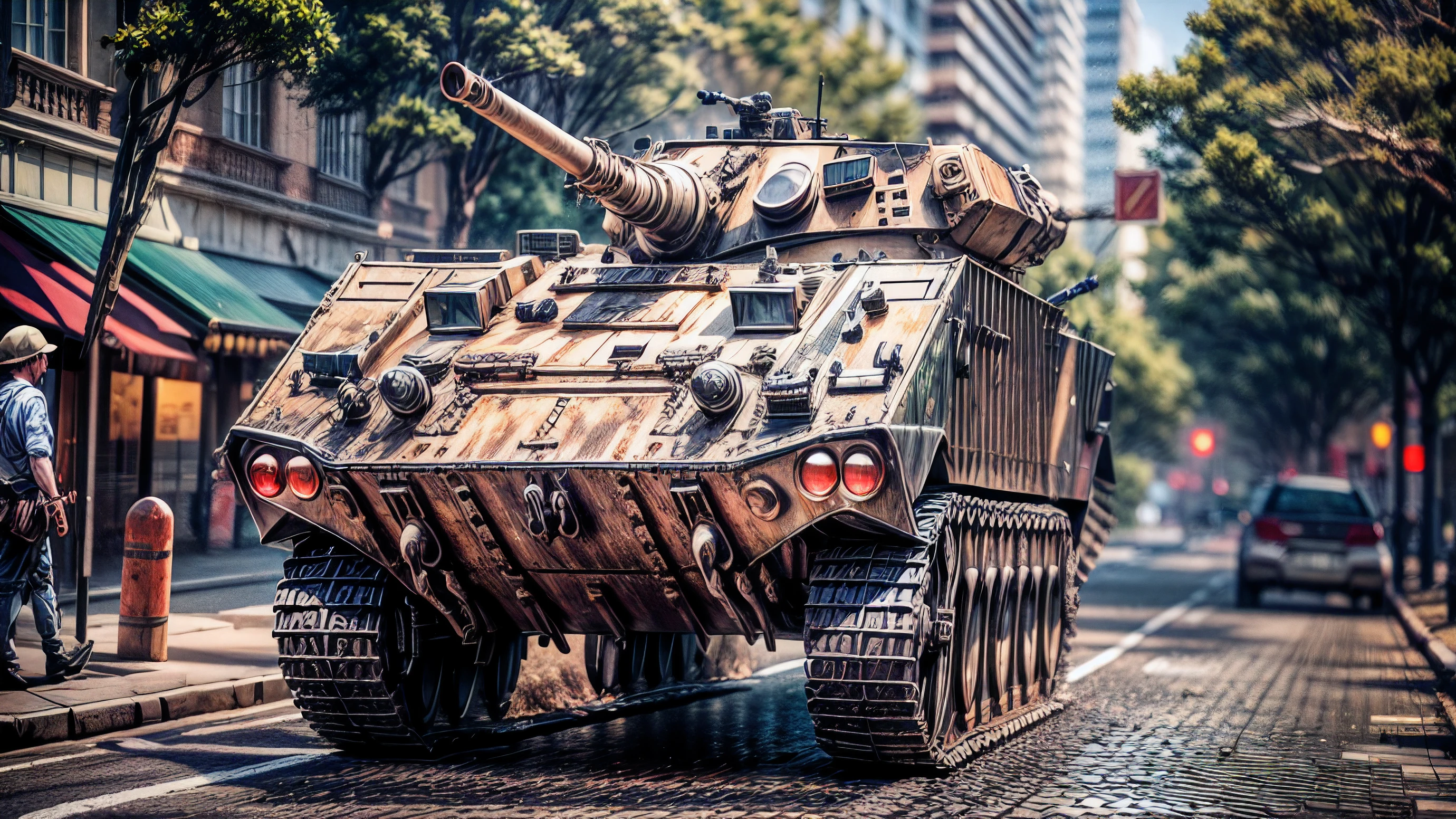(masterpiece,best quality,ultra-detailed), award winning, ccurate, UHD, Fujicolor, Verism, Armored Personnel Carrier, M113, moving on the street, HDR Ultra realistic macro camera