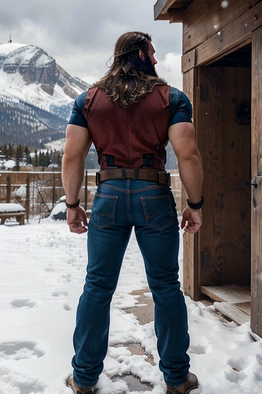 An illustration of Captain America, a Greek god with a muscular build and a thick beard............., designed in modern western attire.............  The setting is a snowy mountain............, evoking a classic cold atmosphere, sin dejar de mantener el aura poderosa y regia del dios.  backside jeans bent over 