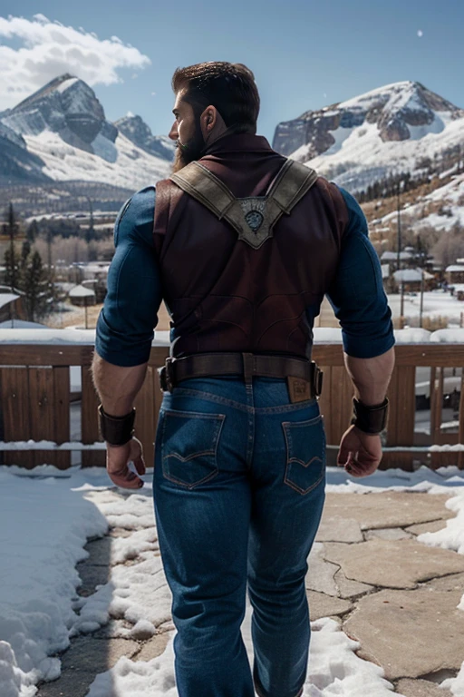 An illustration of Captain America, a Greek god with a muscular build and a thick beard............., designed in modern western attire............. The setting is a snowy mountain............, evoking a classic cold atmosphere, sin dejar de mantener el aura poderosa y regia del dios. backside jeans bent over
