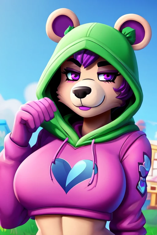 Best quality. A Block bear. That Just. Where's a hood with You can only see the face at the hoodie. purple eyes, a purple mouth. With a purple broken heart at the fronthat's a girl Naked. Lifting up the sweater to see her Breast with a purple, broken heart in the middle. and you can see her vagina. from Fortnite.