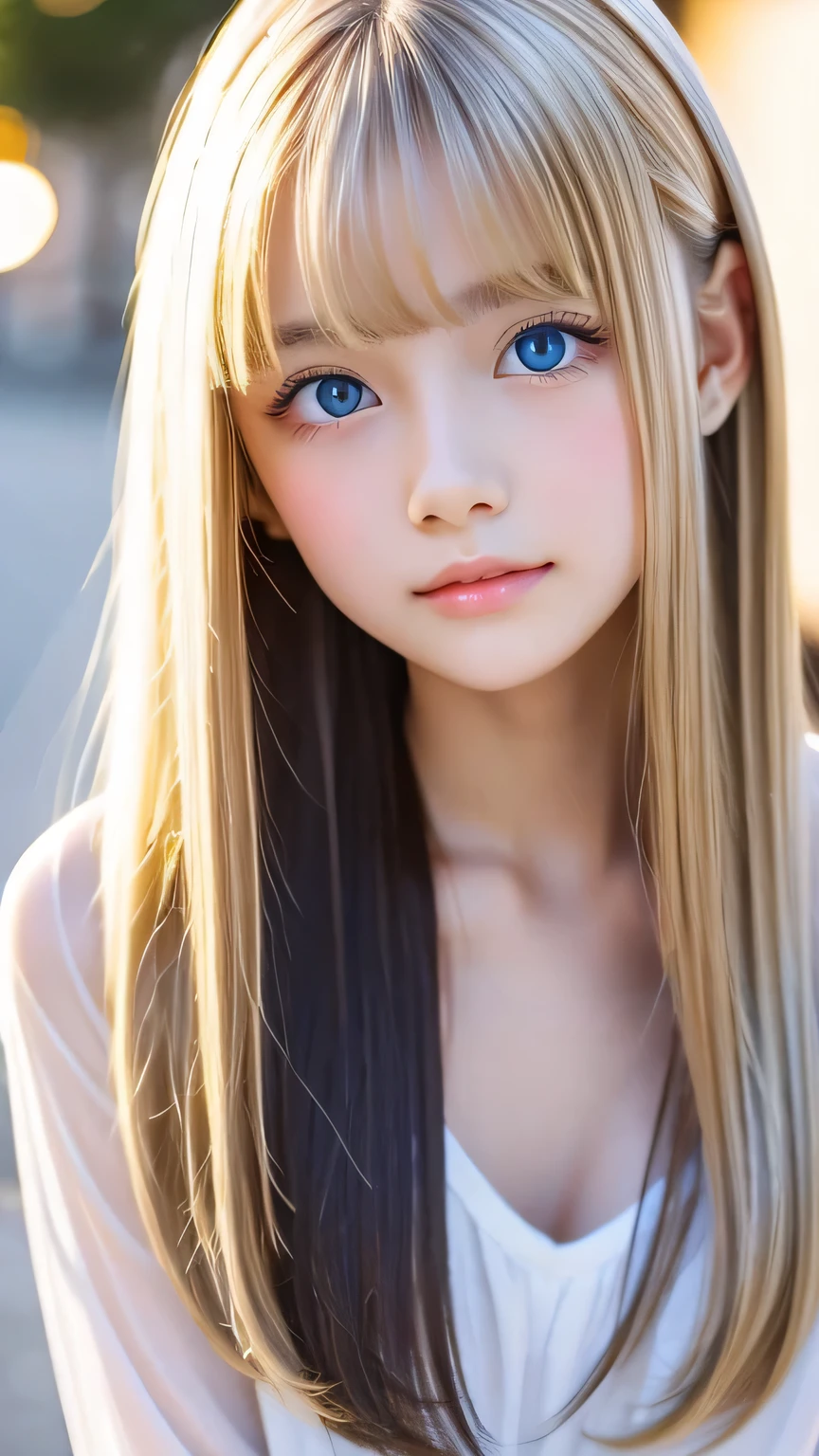 perfect beautiful face、20 year old beautiful cute girl、Sexy and very beautiful cute face、beautiful cute sexy sky blue eyes、very super long beautiful shiny silky straight pearl blonde hair、Super long beautiful bangs、white skin、Shiny skin、gross face、cheek gloss、hair above eyes、片hair above eyes、hair between eyes、
