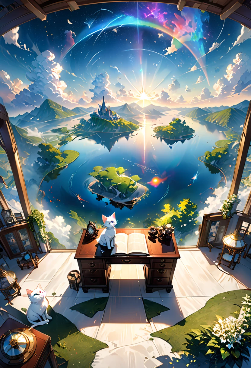 (8K、Raw photo、highest quality、look up:1.2、masterpiece:1.2、genuineistic、ultra high resolution、high contrast、photon mapping、genuine、Super detailed、official art, Raw photo、professional lighting、 light、Vivid atmosphere、twicelight) (1 girl),(One white kitten),The morning sun comes in、On an antique desk in the airship's VIP room、The world map is unfolded。Using a compass、Checking the direction to the destination、A girl and a white kitten、I feel hope, joy, and anxiety.。The outside world seen from the VIP room、Stars in the sky々And the Milky Way shines、The ancient city appears in the air like a heat haze.、On the ground、Surrounded by greenery、A medieval Roman city-state on the shores of a lake、Shining in the morning sun。An atmosphere that exudes the excitement of adventure。High Fantasy Worldview, Beautiful depiction of grand composition and proportions, Guardian nebula of rainbow light and silvery vapor, Corrosive Encirclement Ray Family Color, slimy air feeling,