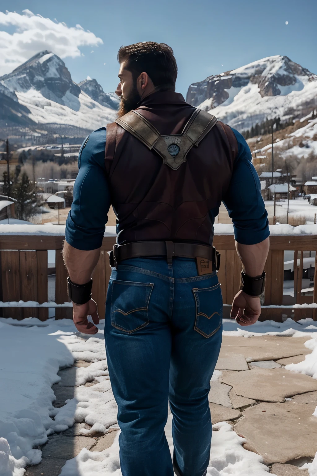 An illustration of Captain America, a Greek god with a muscular build and a thick beard............., designed in modern western attire.............  The setting is a snowy mountain............, evoking a classic cold atmosphere, sin dejar de mantener el aura poderosa y regia del dios.  backside jeans bent over 