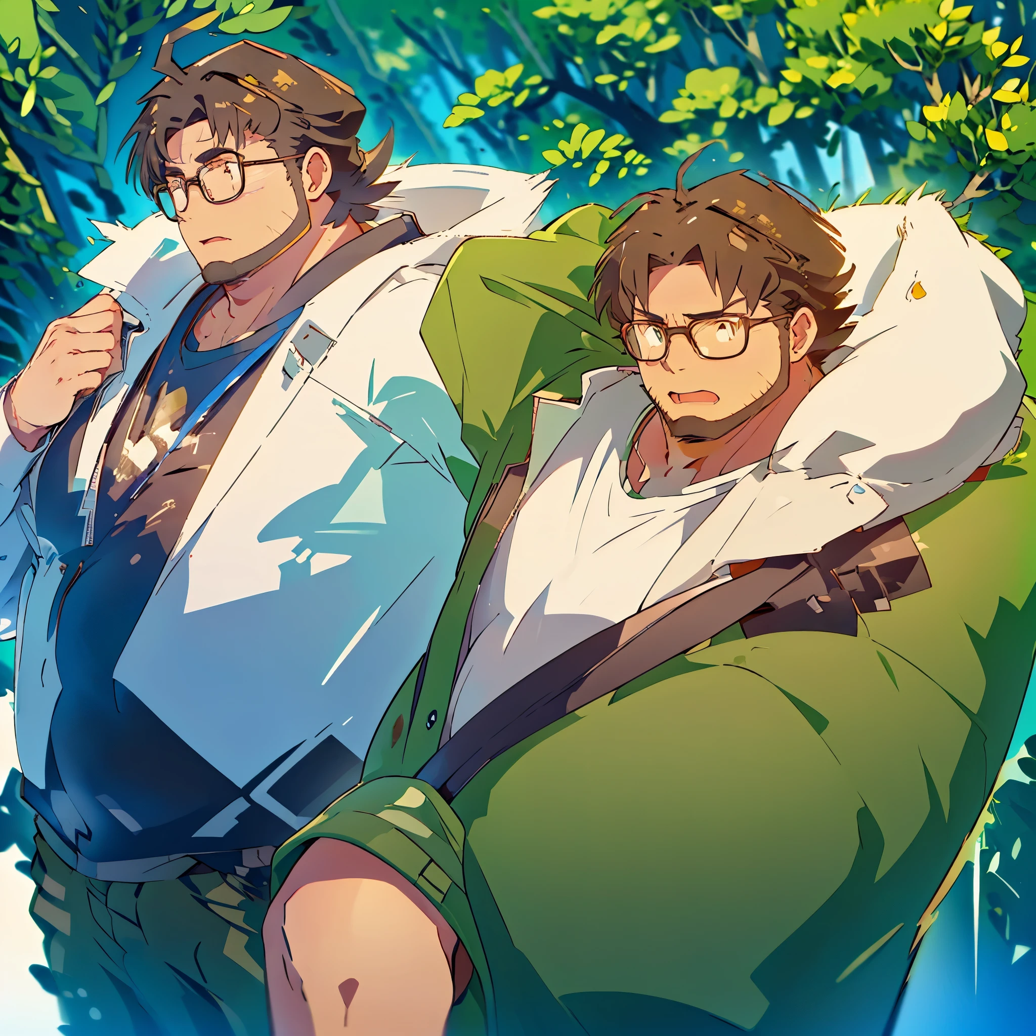 Muscle men, bara, shirt green, jacket black,short cream, beard, skin swarthy, glasses, much hair in the body,