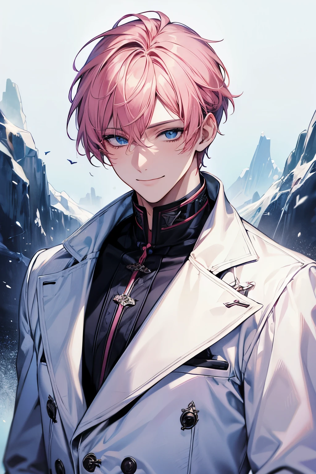 Masterpiece, highres, best quality, solo, 1 male, short hair, pink hair, blue eyes, white coat, smile facial