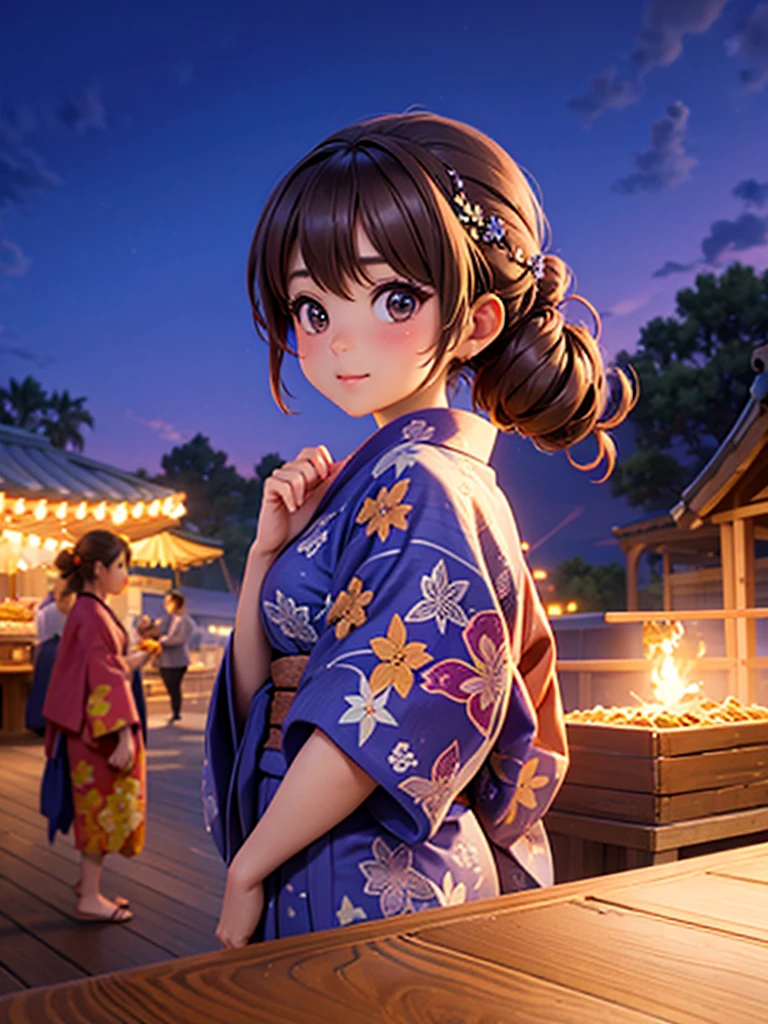 ​Masterpiece、background with（（Fantasy fireworks、night sky、Food stalls;Street vendors））、a beautiful girl、huge 、Long bronzed hair、Yukata with rich details、Buns and hair accessories、slim