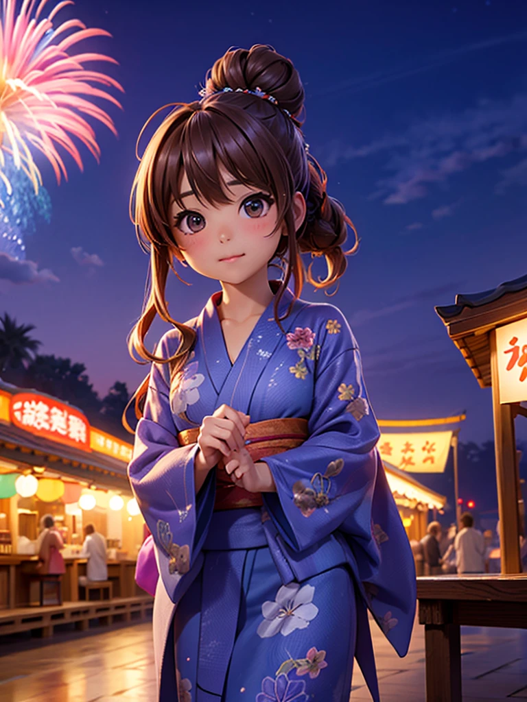 ​Masterpiece、background with（（Fantasy fireworks、night sky、Food stalls;Street vendors））、a beautiful girl、huge 、Long bronzed hair、Yukata with rich details、Buns and hair accessories、slim