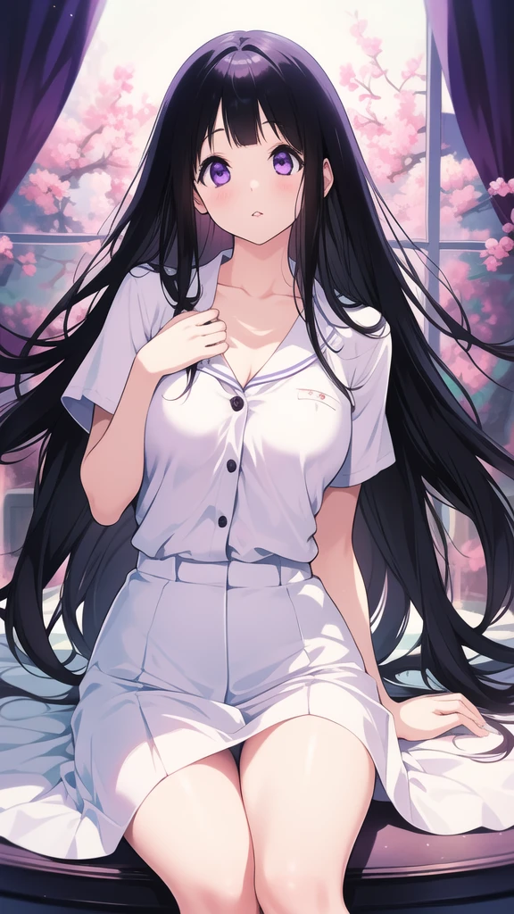 Stunning Chitanda, There is only one beautiful girl,purple eyes, black hair, Naturally straight hair, straight bangs,extremely refined,lips open,flowing long hair,Peerless beautiful girl, dreamlike,Slim,soft, (Sensual), (kawaii), Dream quality,Uniforms,in school,Showing thighs,Show collarbone,Show your neck,extremely shy,ultra high resolution, (masterpiece:1.2, best quality), (Exquisite and beautiful eyes: 1.2), (Beautiful and delicate face)