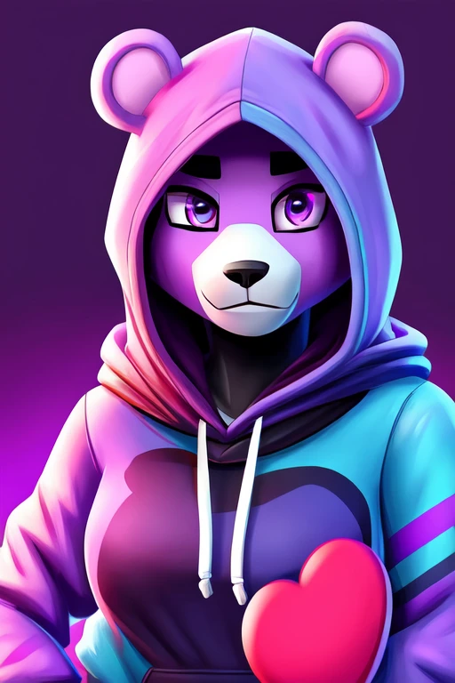 Best quality. A Block bear. That Just. Where's a hood with You can only see the face at the hoodie. purple eyes, a purple mouth. With a purple broken heart at the fronthat's a girl Naked. from Fortnite.
