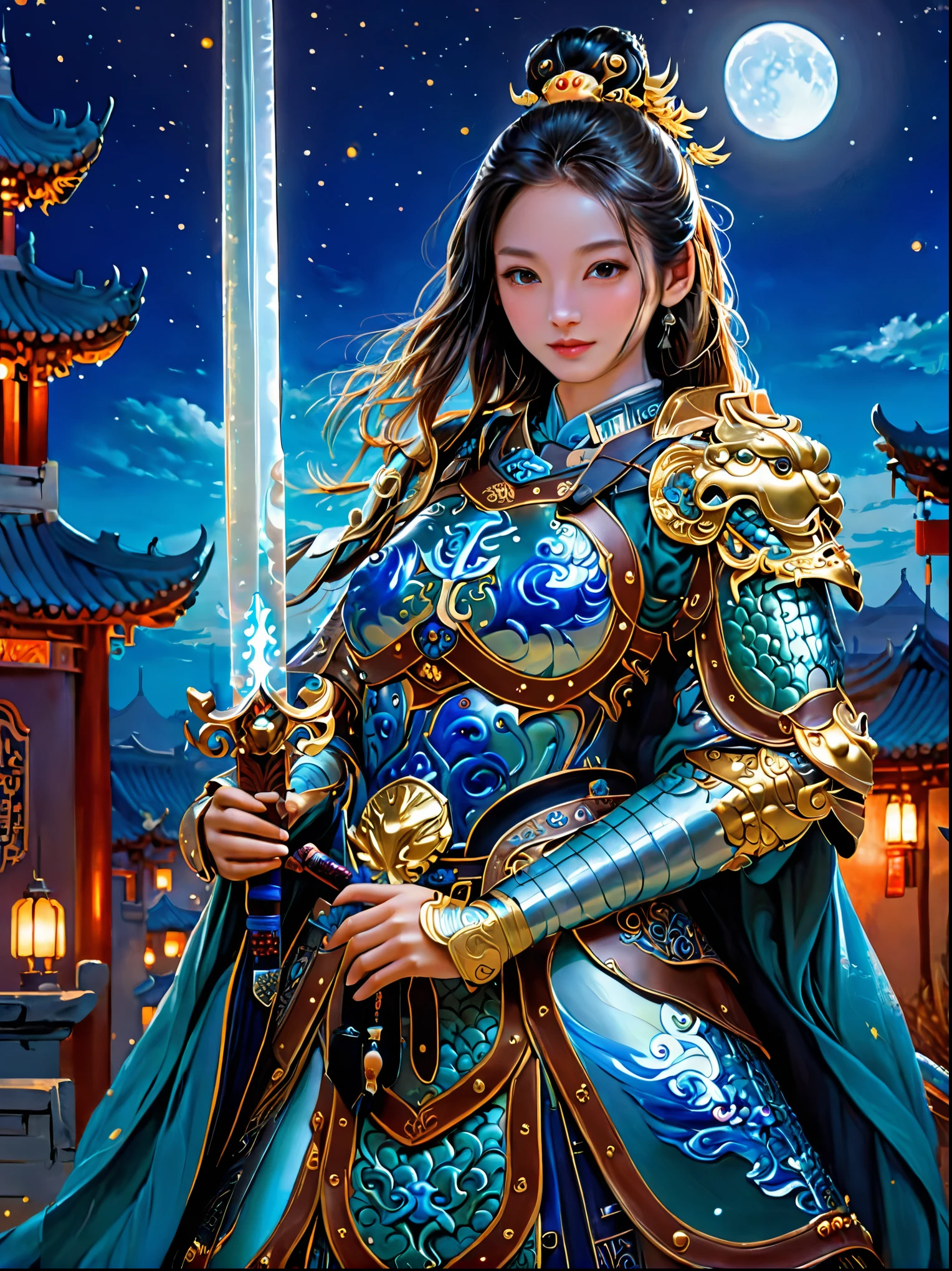 masterpiece，Realistic，Deep color，blue tint，Surrealism, Star光环, In the bright embrace of the moonlight serenade，(Chinese armor)，gentle beautiful girl，(The girl holds a sword in her hand)，Women&#39;s Armor，solo，pauldron，helmet，Chinese city background，blue sky，detailed眼睛，looking at the audience，Smile，Upper body，masterpiece，best quality，perfect eyes，perfect face，perfect lighting， 8K，Compared，Tone，texture, detailed, Star, Colorful halo, Vibrant energy, expressive, dramatic, organic lines and forms, dreamy and mysterious, Surrealism，portrait shooting，complex，meticulous，sharp，clear，Better image quality，Rough brushstrokes，high dynamic range，vivid，Rich in details，阴影和高光clear，reality，vehement，Compared度增强，Rich in details，Chinese_armor，anatomically correct, textured skin