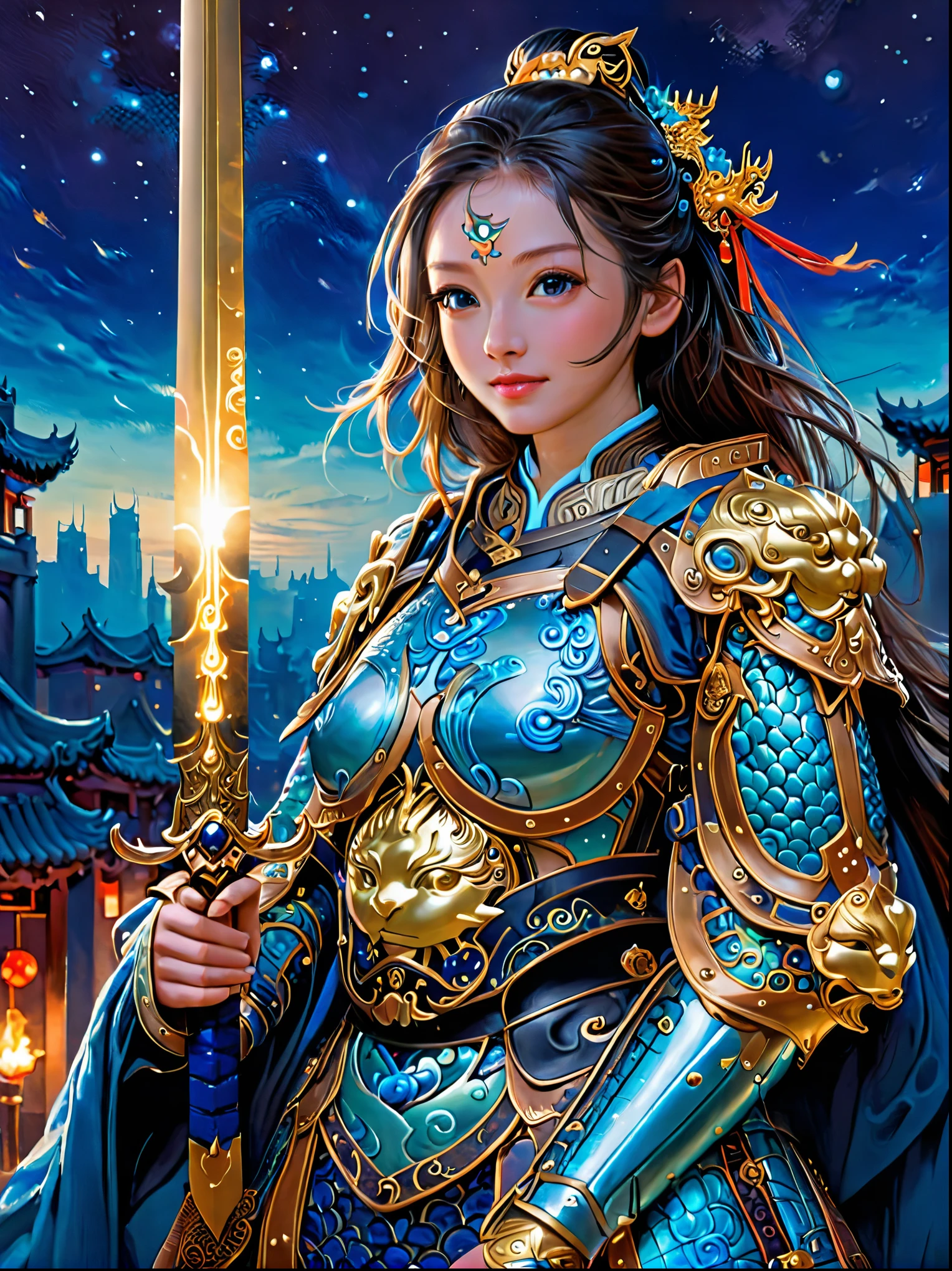masterpiece,Realistic,Deep color,blue tint,Surrealism, Star光环, In the bright embrace of the moonlight serenade,(Chinese armor),gentle beautiful girl,(The girl holds a sword in her hand),Women's Armor,solo,pauldron,helmet,Chinese city background,blue sky,detailed眼睛,looking at the audience,Smile,Upper body,masterpiece,best quality,perfect eyes,perfect face,perfect lighting, 8K,Compared,Tone,texture, detailed, Star, Colorful halo, Vibrant energy, expressive, dramatic, organic lines and forms, dreamy and mysterious, Surrealism,portrait shooting,complex,meticulous,sharp,clear,Better image quality,Rough brushstrokes,high dynamic range,vivid,Rich in details,阴影和高光clear,reality,vehement,Compared度增强,Rich in details,Chinese_armor,anatomically correct, textured skin